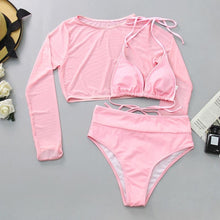 Load image into Gallery viewer, Neon Yellow Crop Top Swimwear Women Summer 3 Pieces Swimsuit Bikini Sets With Sheer Crop Top Cover Up Beachwear Mesh Long Sleeve Cover Ups Top Three Piece Swimsuit Bikini Set