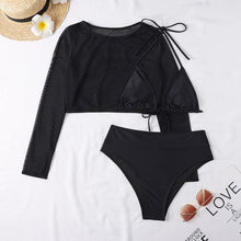 Load image into Gallery viewer, Neon Yellow Crop Top Swimwear Women Summer 3 Pieces Swimsuit Bikini Sets With Sheer Crop Top Cover Up Beachwear Mesh Long Sleeve Cover Ups Top Three Piece Swimsuit Bikini Set