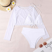 Load image into Gallery viewer, Neon Yellow Crop Top Swimwear Women Summer 3 Pieces Swimsuit Bikini Sets With Sheer Crop Top Cover Up Beachwear Mesh Long Sleeve Cover Ups Top Three Piece Swimsuit Bikini Set