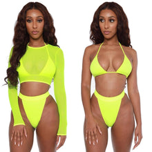Load image into Gallery viewer, Neon Yellow Crop Top Swimwear Women Summer 3 Pieces Swimsuit Bikini Sets With Sheer Crop Top Cover Up Beachwear Mesh Long Sleeve Cover Ups Top Three Piece Swimsuit Bikini Set