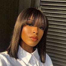 Load image into Gallery viewer, New Arrival Burgundy Red Short Human Hair Wig With Fringe for Women Straight Remy Hair Bob Wigs With Bangs Dark Brown Balayage Color Wigs For Cosplay