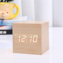 Load image into Gallery viewer, New Arrival Wooden LED Alarm Clocks Temperature Electronic Clock Digital Alarm Clock with Wooden Electronic LED Time Display 3 Dual Plus Alarm Cubic Small Mini Wood Made Electric Sounds Control Digital LED Display Desktop Calendar Table clock