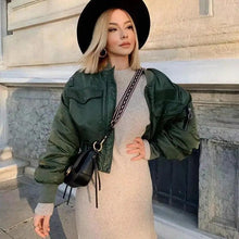 Load image into Gallery viewer, New Classic Design Autumn Winter Green Short Jackets Women Fashionable Long Sleeve Zipper Bomber Jacket Outwear Women's Coat
