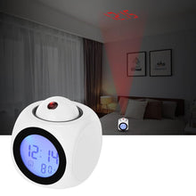 Load image into Gallery viewer, New Creative Attention Projection Digital Weather LCD Snooze Clock Projection Alarm Clock Wake Up Bedroom with Data and Temperature Display Talking Function LED Wall/Ceiling Projection Bell Alarm Display Backlight LED Projector Home Clock Timer