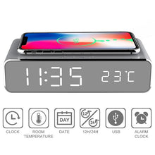 Load image into Gallery viewer, New Electric LED Alarm Clock With Mobile Phone Wireless Charger HD Clock Digital Alarm Clock with Wireless Charging 3 Alarms LED Display Sound Control and Snooze Dual for Bedroom Bedside Office Mirror With Time Memory Digital Thermometer Clock