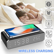 Load image into Gallery viewer, New Electric LED Alarm Clock With Mobile Phone Wireless Charger HD Clock Digital Alarm Clock with Wireless Charging 3 Alarms LED Display Sound Control and Snooze Dual for Bedroom Bedside Office Mirror With Time Memory Digital Thermometer Clock