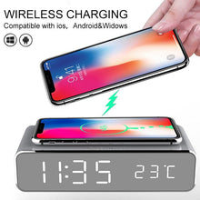 Load image into Gallery viewer, New Electric LED Alarm Clock With Mobile Phone Wireless Charger HD Clock Digital Alarm Clock with Wireless Charging 3 Alarms LED Display Sound Control and Snooze Dual for Bedroom Bedside Office Mirror With Time Memory Digital Thermometer Clock