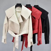 Load image into Gallery viewer, New Elegance Autumn Women's Pu Leather Jackets Short Coat Turndown Collar Belt Lace-up Motorcycle Black Punk Red Overcoat Female Outwear