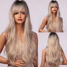 Load image into Gallery viewer, New Fashion Long Wavy Ombre Brown Highlight Wigs with Bangs Synthetic Natural Wig for Women Heat Resistant Cosplay Hair Wigs For Black Women Wigs For Cosplay
