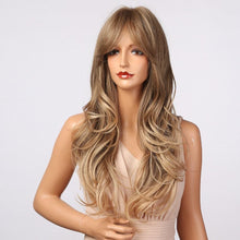 Load image into Gallery viewer, New Fashion Long Wavy Ombre Brown Highlight Wigs with Bangs Synthetic Natural Wig for Women Heat Resistant Cosplay Hair Wigs For Black Women Wigs For Cosplay