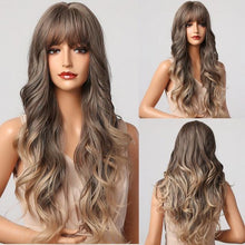 Load image into Gallery viewer, New Fashion Long Wavy Ombre Brown Highlight Wigs with Bangs Synthetic Natural Wig for Women Heat Resistant Cosplay Hair Wigs For Black Women Wigs For Cosplay