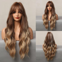Load image into Gallery viewer, New Fashion Long Wavy Ombre Brown Highlight Wigs with Bangs Synthetic Natural Wig for Women Heat Resistant Cosplay Hair Wigs For Black Women Wigs For Cosplay