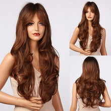 Load image into Gallery viewer, New Fashion Long Wavy Ombre Brown Highlight Wigs with Bangs Synthetic Natural Wig for Women Heat Resistant Cosplay Hair Wigs For Black Women Wigs For Cosplay