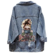 Load image into Gallery viewer, New Sizzling Women's Denim Jacket Fashionable Streetwear Letter Stylish Chic Printed Ripped Holes Jean Patchwork Jeans Female Coat