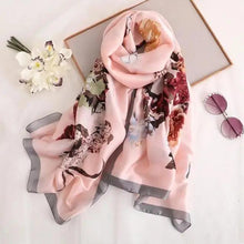 Load image into Gallery viewer, New Women Autumn Winter Fashion Silk Scarf Shawl Beach Headband Female Casual Wear Beach Friendly Spring Silk Scarf Flower Print Silk Scarves Shawls and Wraps Long Size Beach Stoles