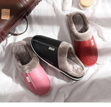 Load image into Gallery viewer, New Women Men Winter House Slippers PU Leather Cute Plush Slip On Fluffy Warm Casual Shoes House Slippers Memory Foam Comfy Fuzzy Soft Slip On Indoor Slippers For Men