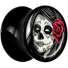 Load image into Gallery viewer, Black Acrylic Katrina Sugar Skull with Rose Flower Saddle Plug Set 00G