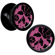 Load image into Gallery viewer, Black Acrylic Pink Floral Lace Saddle Plug Set 0G