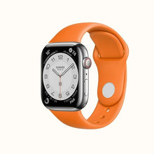 Load image into Gallery viewer, Hermes Apple Watch Series 7 GPS/ Cellular 45 mm - Stainless Steel - Orange Silicone Watch Band