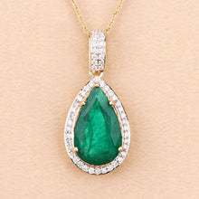 Load image into Gallery viewer, IGI Certified 3.22 Carat Genuine Zambian Emerald and White Diamond 14K Yellow Gold Pendant