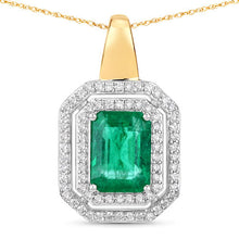 Load image into Gallery viewer, IGI Certified 2.37 Carat Genuine Zambian Emerald and White Diamond 14K Yellow & White Gold Pendant