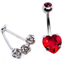 Load image into Gallery viewer, Red CZ Gem Heart Kissed Rose Flower Dangle Belly Ring