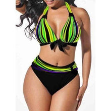 Load image into Gallery viewer, Plus Size Neon Striped Bikini Set Push Up Women High Waist Bikini Set Halter Two Piece Bathing Suits Crisscross Tummy Control Swimsuit Push Up Swimwear Women High Waist Halter Beach Swimwear Retro Bathing Suit Swimming Suit
