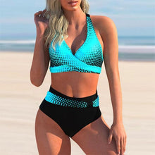 Load image into Gallery viewer, Plus Size Neon Striped Bikini Set Push Up Women High Waist Bikini Set Halter Two Piece Bathing Suits Crisscross Tummy Control Swimsuit Push Up Swimwear Women High Waist Halter Beach Swimwear Retro Bathing Suit Swimming Suit