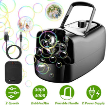 Load image into Gallery viewer, Portable Bubble Blowing Machine with 2 Speeds Handle 3000-4000 Bubbles Per Minute Plug-In Battery Powered