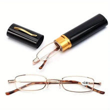 Load image into Gallery viewer, Portable Presbyopia Reading Glasses with Pen Tube Case - Unisex, Metal Frame, Spring Hinge, +1.00~+4.00, Plastic Lens