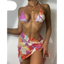 Load image into Gallery viewer, Print Swimsuit 3 Piece Mesh Bikini Set Women's Ribbed Floral Bikini Set Tie Side Swimsuit Cover Ups Daisy Butterfly Print Three Piece Bikini Swimwear Triangle Micro Bikini String Halter Swimwear Women Low Waist Bathing Suit