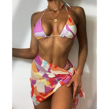 Load image into Gallery viewer, Print Swimsuit 3 Piece Mesh Bikini Set Women's Ribbed Floral Bikini Set Tie Side Swimsuit Cover Ups Daisy Butterfly Print Three Piece Bikini Swimwear Triangle Micro Bikini String Halter Swimwear Women Low Waist Bathing Suit