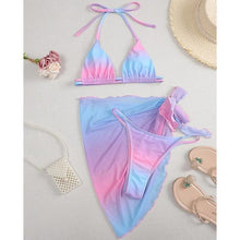 Load image into Gallery viewer, Print Swimsuit 3 Piece Mesh Bikini Set Women's Ribbed Floral Bikini Set Tie Side Swimsuit Cover Ups Daisy Butterfly Print Three Piece Bikini Swimwear Triangle Micro Bikini String Halter Swimwear Women Low Waist Bathing Suit