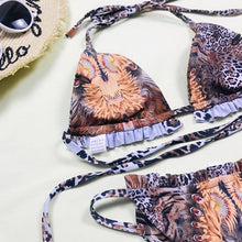Load image into Gallery viewer, Print Swimsuit 3 Piece Mesh Bikini Set Women's Ribbed Floral Bikini Set Tie Side Swimsuit Cover Ups Daisy Butterfly Print Three Piece Bikini Swimwear Triangle Micro Bikini String Halter Swimwear Women Low Waist Bathing Suit