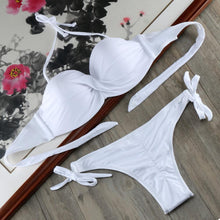 Load image into Gallery viewer, Bikini Solid Strappy Bandage Bikinis Set White Push Up Bikini Swimwear Swimsuit Bathing Suit Women's Ribbed Tie Bikini Adjustable Lace Up Bottom String Women Swimsuit
