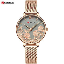 Load image into Gallery viewer, Womens Elegant Waterproof Clock With Decoupage Flower Details In Variant With Leather And Stainless Steel Knitted Belts