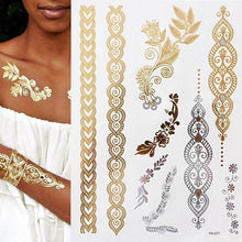 Load image into Gallery viewer, Luxury Flash Metallic Waterproof Temporary Tattoo Gold Silver Flower Tattoo Sticker Long Lasting Gold Design For Womens