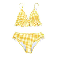 Load image into Gallery viewer, Modern Yellow Mid-waist Women Bikinis Set Swimwear Women's Bathing Suits Ruffles Bikini Sets Low Rise Two Piece Swimsuit Women Swimsuits Bathing Suit Women Yellow Ruffled Beachwear Bikini