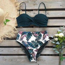 Load image into Gallery viewer, High Waist Bikini Set Women Bikini Flower Swimwear Women High Waist Bikini Halter Two Piece Bathing Suits Tummy Control Swimsuit Push Up Swimwear Vintage Halter Neck Swimsuit Female Green Bathing Suit