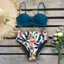 Load image into Gallery viewer, High Waist Bikini Set Women Bikini Flower Swimwear Women High Waist Bikini Halter Two Piece Bathing Suits Tummy Control Swimsuit Push Up Swimwear Vintage Halter Neck Swimsuit Female Green Bathing Suit