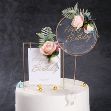 Load image into Gallery viewer, 1Pcs Metal Happy Birthday Cake Topper Artificial flowers Cake Toppers Happy Birthday Cake Topper Metal And Acrylic Cake Decoration With Pink Artificial Flower Cluster For DIY Baby Shower Birthday Party Decoration Baking Decor