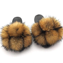Load image into Gallery viewer, Women Fox Fur Slides Home Beautiful Flat Sandals Female Cute Fluffy House Woman Fur Fluffy Slippers Furry Slides Summer Sandals Open Toe Indoor Outdoor Comfortable Slides Sandals