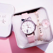 Load image into Gallery viewer, Women Charming Watch Set Pink Leather Strap Student Watch Children Black Cat Leather Strap And Round Dial Quartz Watches For Women Cat Dial With Stainless Steel Dial Quartz Watch