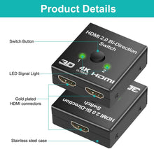 Load image into Gallery viewer, 4K HDMI Switch Splitter 2 Ports Bi-Directional HDMI Switch 2 Port Display Selector Switcher Splitter Supports Ultra HD 4K 1080P 3D HDR For HDTV Gaming
