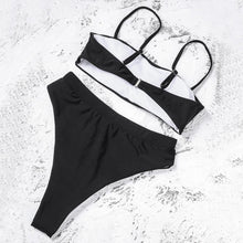Load image into Gallery viewer, Bikinis Solid Push Up Bikini Padded Bra Straps High Waist Swimsuit Female Swimwear Women's Bathing Suit Lace up Bikini Ribbed Two Piece Swimsuit