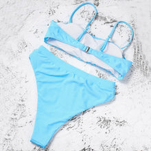 Load image into Gallery viewer, Bikinis Solid Push Up Bikini Padded Bra Straps High Waist Swimsuit Female Swimwear Women's Bathing Suit Lace up Bikini Ribbed Two Piece Swimsuit