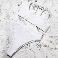 Load image into Gallery viewer, Bikinis Solid Push Up Bikini Padded Bra Straps High Waist Swimsuit Female Swimwear Women's Bathing Suit Lace up Bikini Ribbed Two Piece Swimsuit