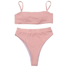 Load image into Gallery viewer, Bikinis Solid Push Up Bikini Padded Bra Straps High Waist Swimsuit Female Swimwear Women's Bathing Suit Lace up Bikini Ribbed Two Piece Swimsuit