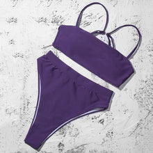 Load image into Gallery viewer, Bikinis Solid Push Up Bikini Padded Bra Straps High Waist Swimsuit Female Swimwear Women's Bathing Suit Lace up Bikini Ribbed Two Piece Swimsuit