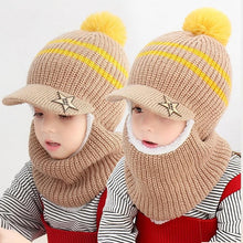 Load image into Gallery viewer, Thick Knitted Acrylic Winter Beanie Hats For Kids Child Outdoor Warm Balaclava Cap Girls Boys Bib Mask Face Cover Hairball Hat Beanie Cap Mask Scarf Hat Set Outdoor Sport Warm Beanies Hat For Men Knitted Hats Bandana Hiking Camping Kid Neck Warmer Cap